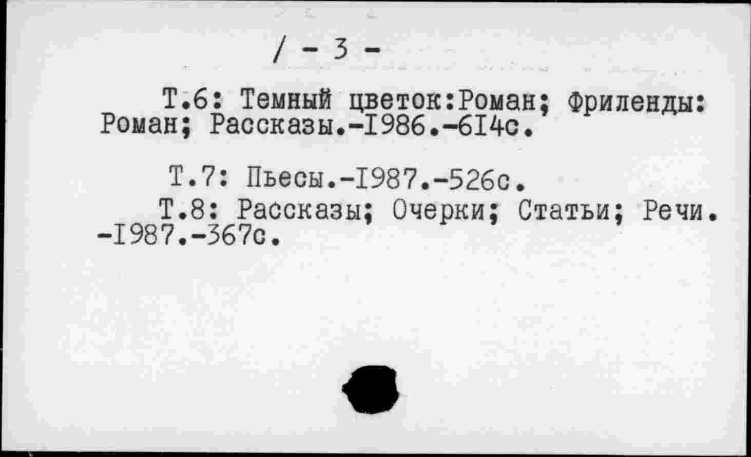 ﻿/ - 3 -
Т.6: Темный цветок:Роман; Фриленды: Роман; Рассказы.-1986.-614с.
Т.7: Пьесы.-1987.-526с.
Т.8: Рассказы; Очерки; Статьи; Речи. -1987.-367с.